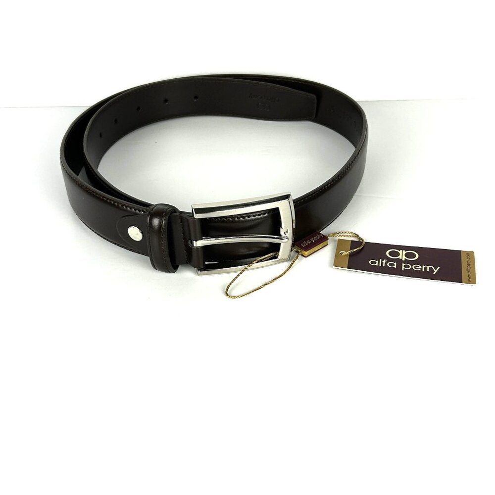 Alfa Perry Belt Mens Genuine Leather Brown Stitched Dress Classic